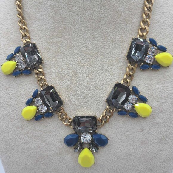 J Crew Blue Clear Crystal Yellow Resin Statement Necklace - Picture 1 of 11